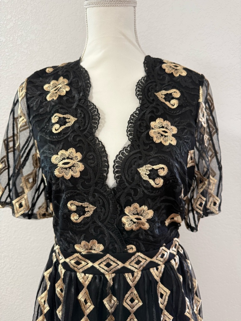 SWEET LEMON Black & Gold Embroidered Mesh Romper Lace Geometric size M - Picture 6 of 13